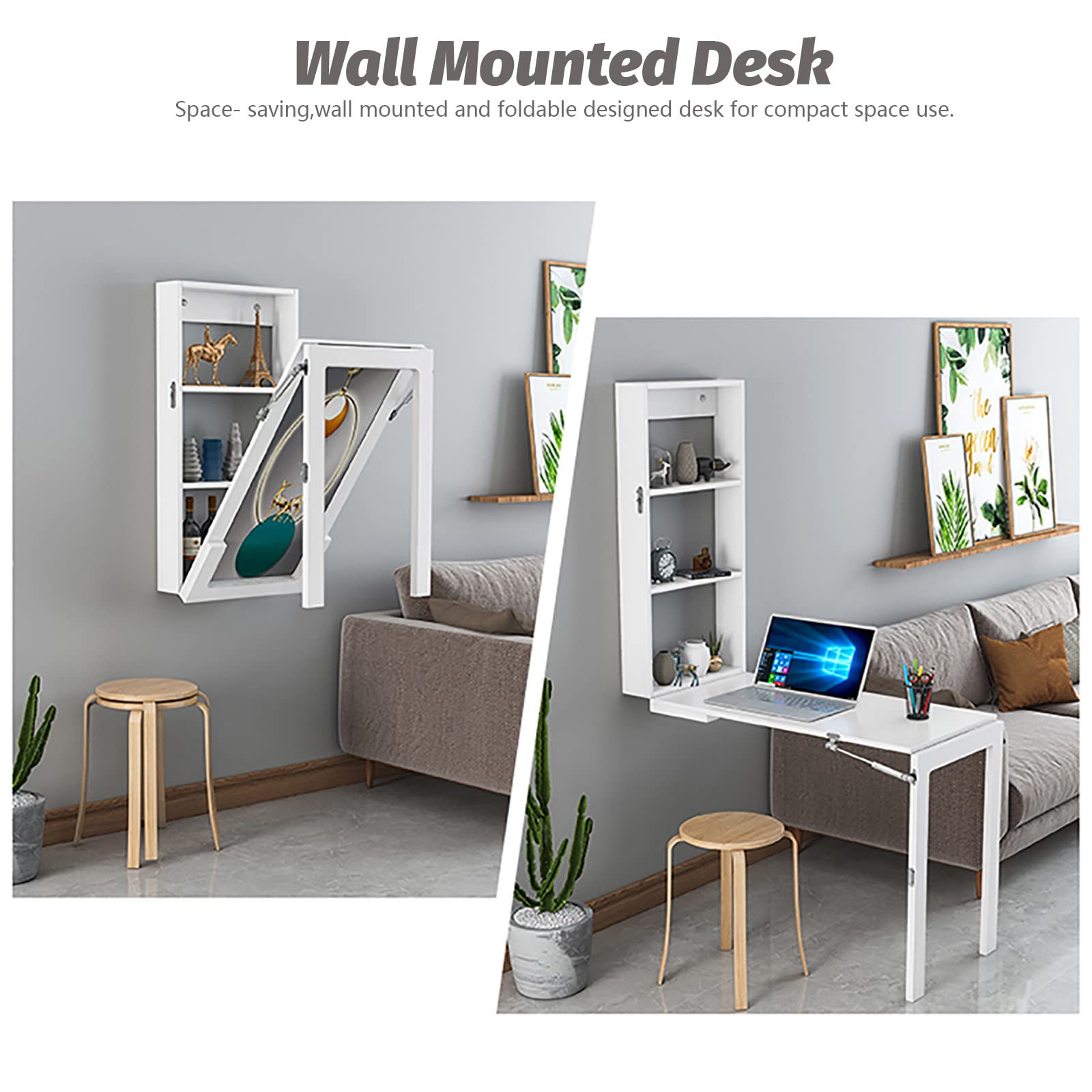 Amazon | 机、収納棚付き壁掛け折りたたみデスク、省スペース3段